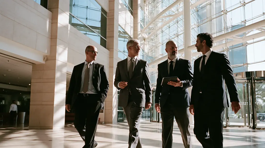 Four hospital leaders walking and talking through a bright limestone and glass hospital atrium in Dubai, one holding a tablet
