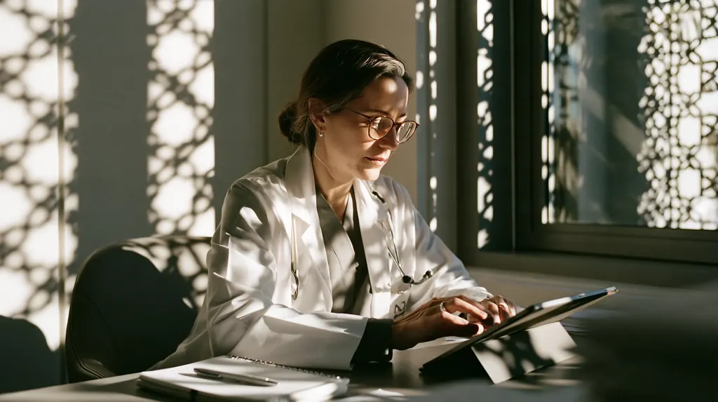 A medical director in a white coat working on a tablet at her desk in Dubai, mashrabiya shadows across the room in the afternoon light