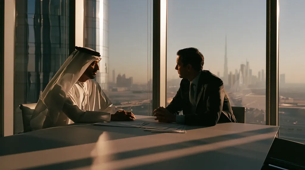 Two officials, one in a kandura and one in a suit, meeting across a pale table high above Dubai at dawn, papers between them