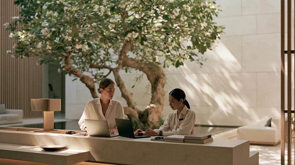 A clinic manager and a receptionist working at laptops on a pale stone counter in a Singapore clinic lounge, a frangipani tree behind them