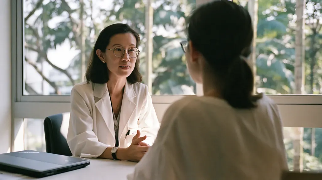 A Singapore GP in a white coat talking with a patient across her desk, the laptop closed beside her and tropical trees through the window