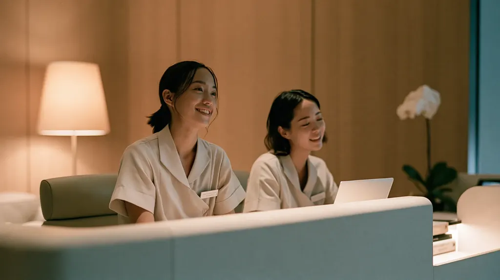 Two front desk staff at ease behind the reception desk of a Singapore GP clinic in the evening, one warm lamp lit