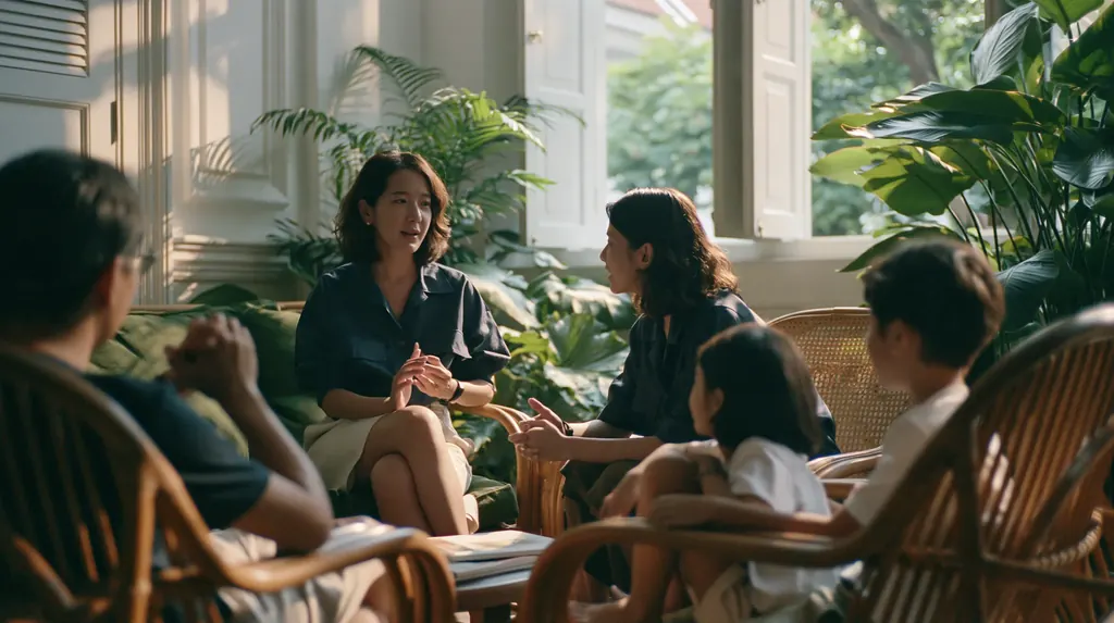 A patient coordinator talking with a visiting family in rattan chairs in a restored shophouse clinic lounge in Singapore