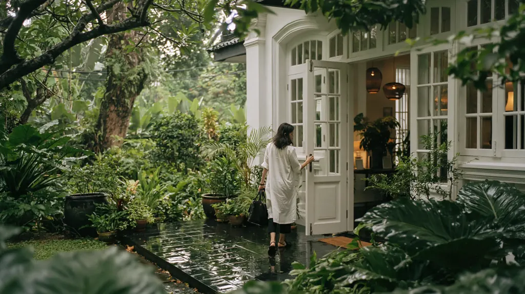 A doctor opening the door of her new clinic in a white colonial bungalow in Singapore in the early morning, the garden lush around her