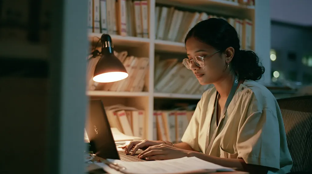 A clinic administrator working at a laptop by a desk lamp in a quiet records room in Singapore at dusk, shelves of folders behind her
