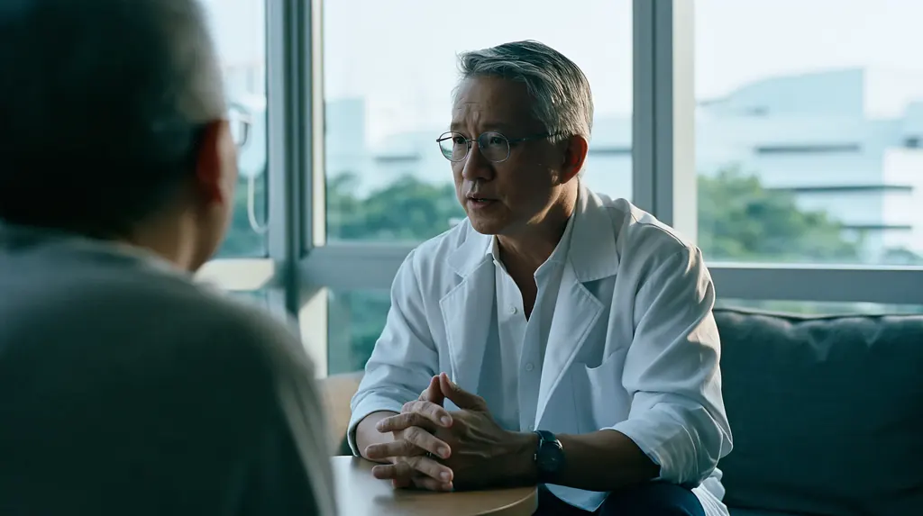 A doctor in his fifties listening to a patient across a small round table in a Singapore consulting room, his hands folded, window light