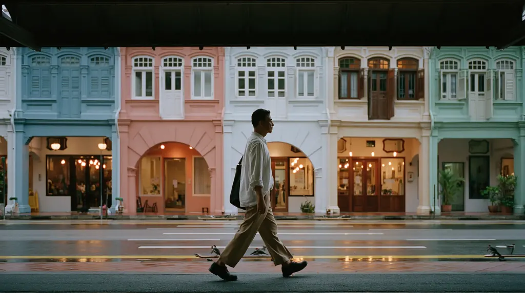 A man walking past a row of restored pastel shophouses in Singapore after rain, their ground floors lit warm at dusk