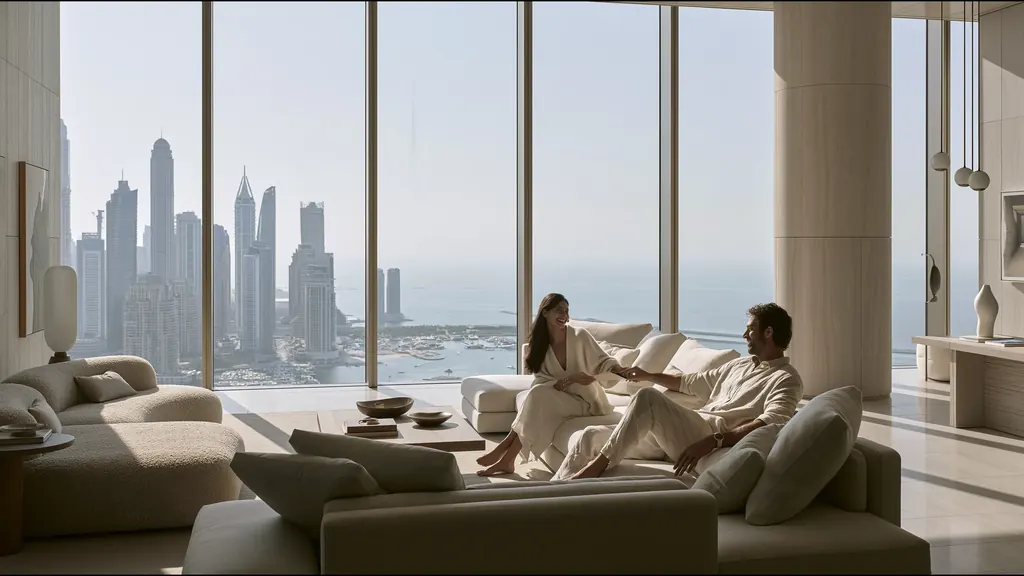 Two patients talking in a lounge above Dubai Marina