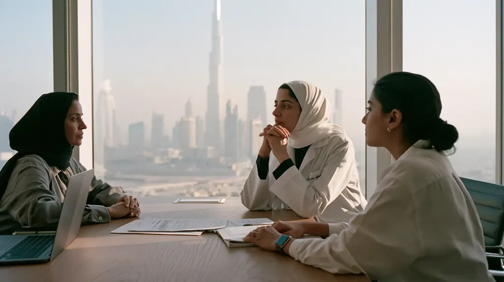 A clinic owner, a doctor and a compliance lead talking around a table high above Dubai, the Burj Khalifa in the morning haze