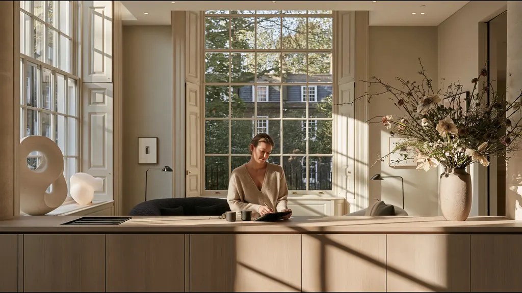 A receptionist at a pale stone front desk in a calm, light-filled private practice, tall windows onto trees behind her