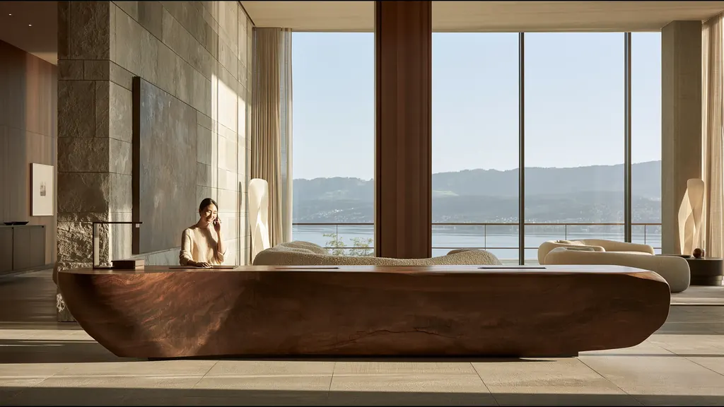 A receptionist on the phone at a clinic front desk above a lake