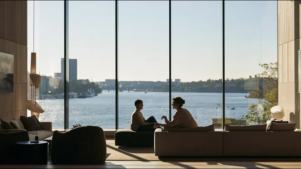 Two people talking on a low sofa before a tall window onto a wide river and a city skyline in late sun