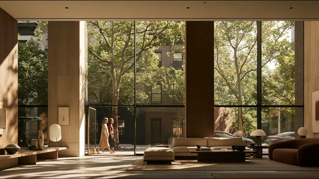 A vast, quiet consulting lounge with deep sofas and floor to ceiling windows onto trees, two people talking in the distance
