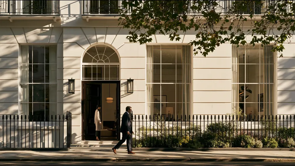 A white stucco clinic front with an arched doorway, iron railings and a man walking past in the sun
