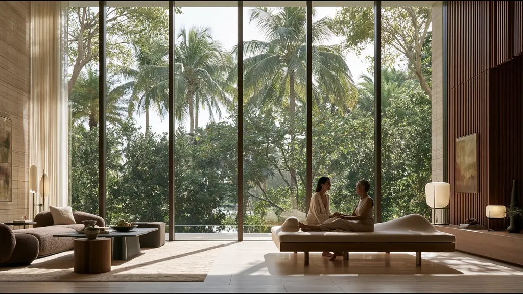 Two women talking on a sculpted daybed in a tall, sunlit room, floor-to-ceiling windows onto palm trees behind them