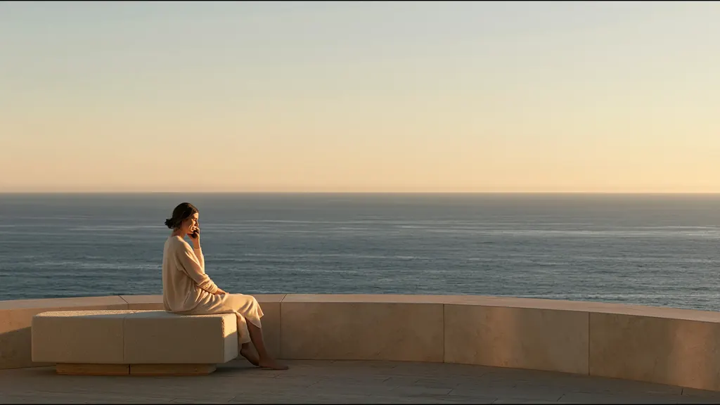 A woman sitting alone on a curved stone bench above a calm sea at sunset