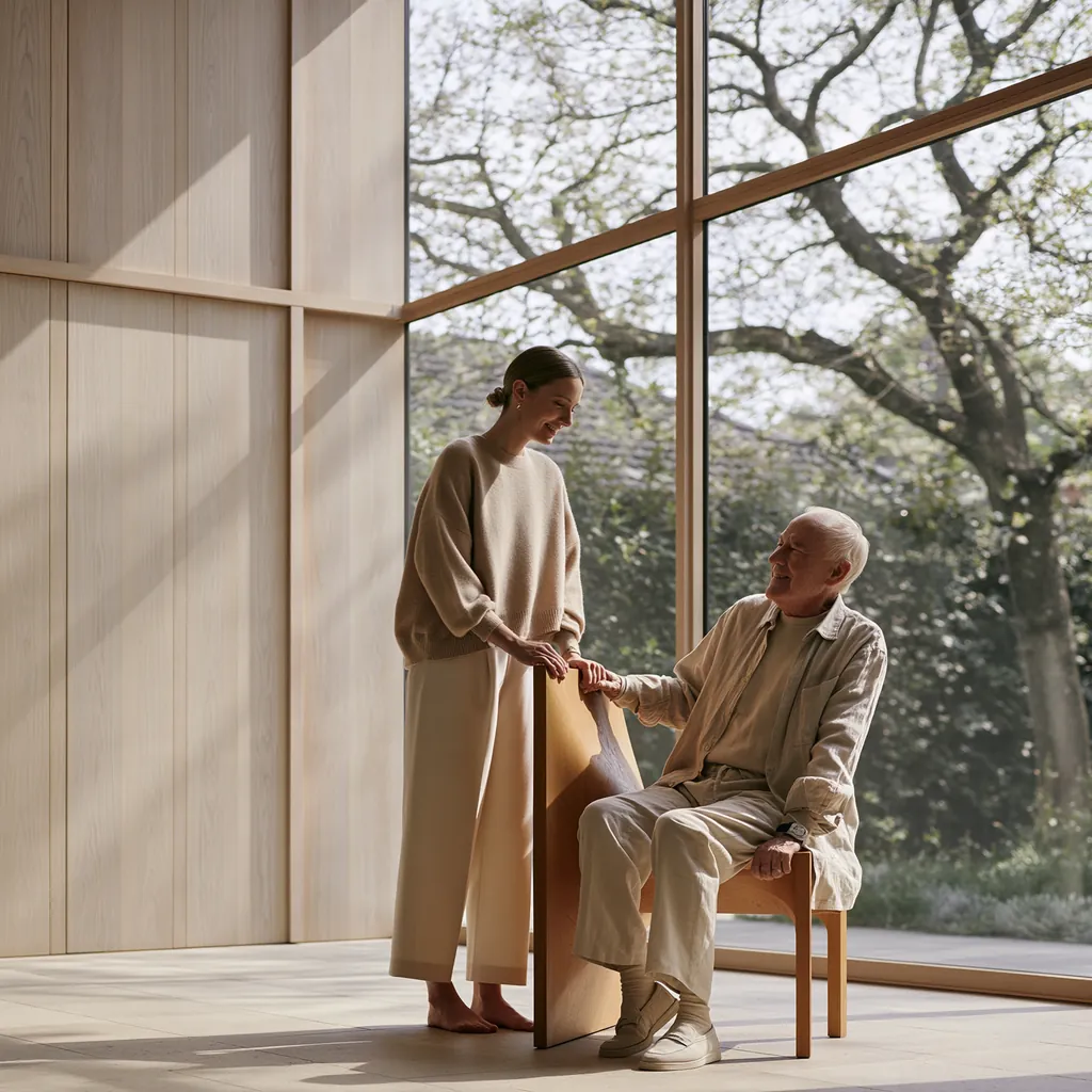 A clinician standing beside a seated patient, both smiling, in a tall timber room with a garden beyond the glass