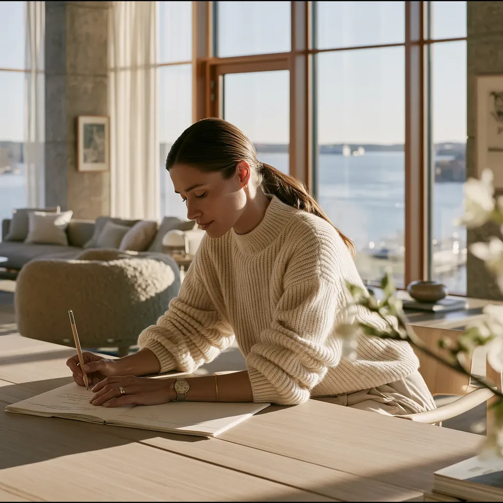 A woman writing in a notebook at a long oak table, spring blossom in the foreground and the harbour beyond the windows