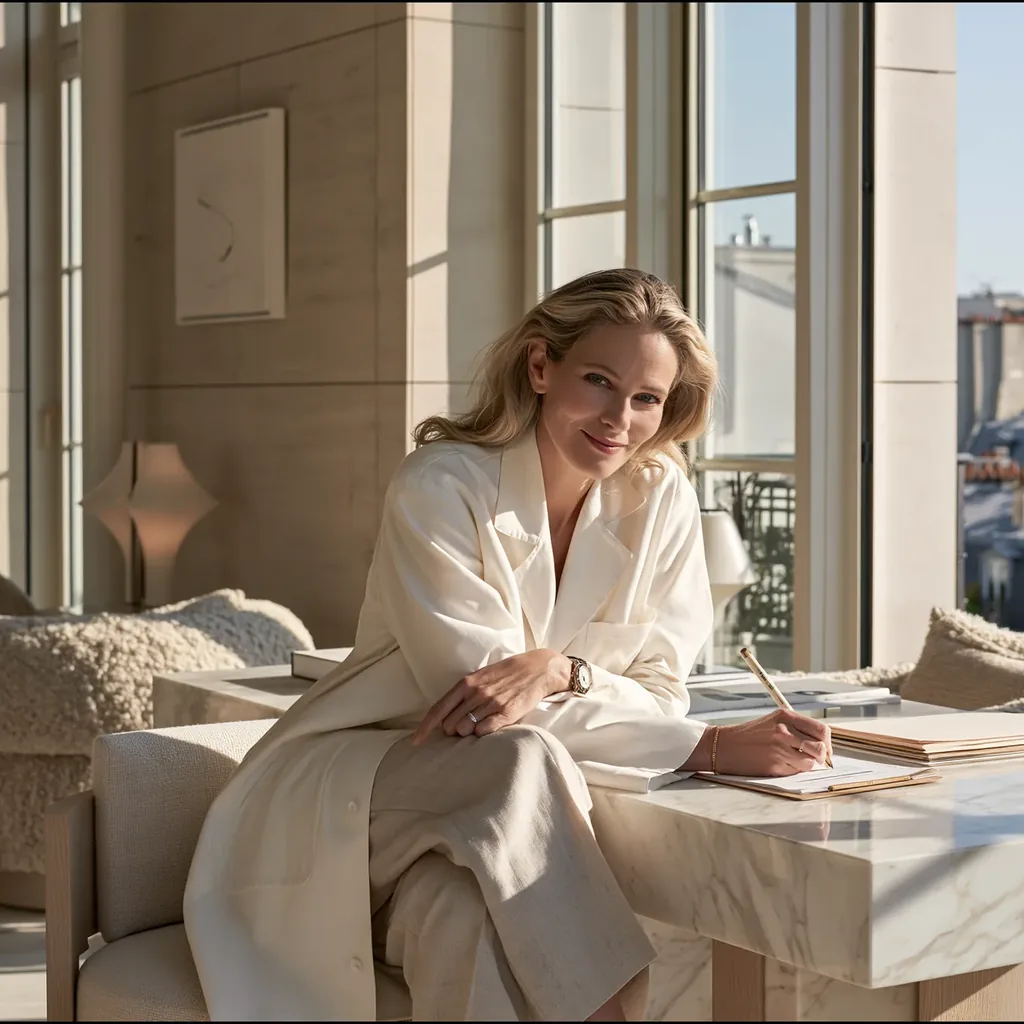 A clinician in a white coat smiling up from her notes at a marble table, the rooftops of the city behind her