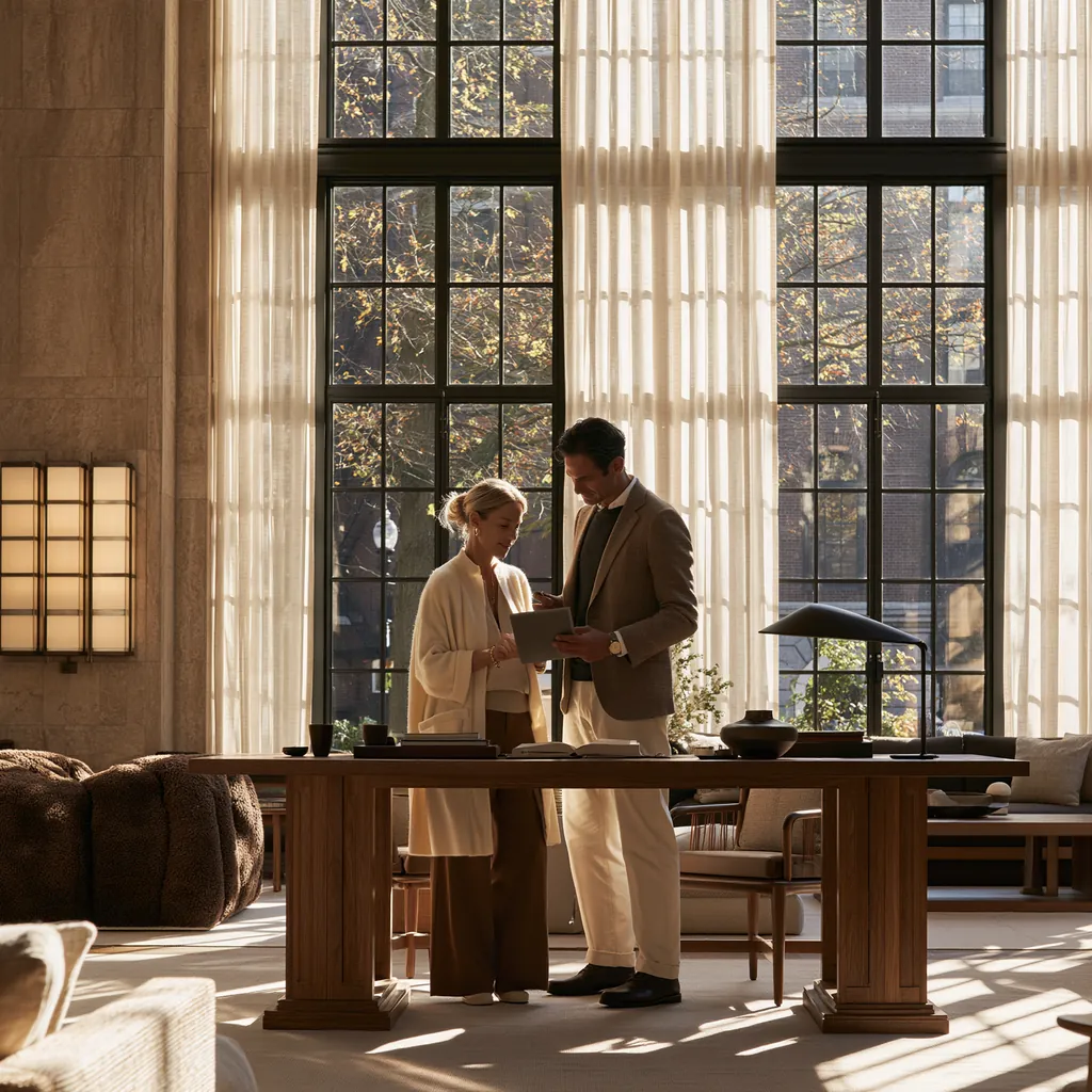 A clinic founder and a colleague reading a tablet together at a walnut desk, in a tall stone room with sunlit curtains
