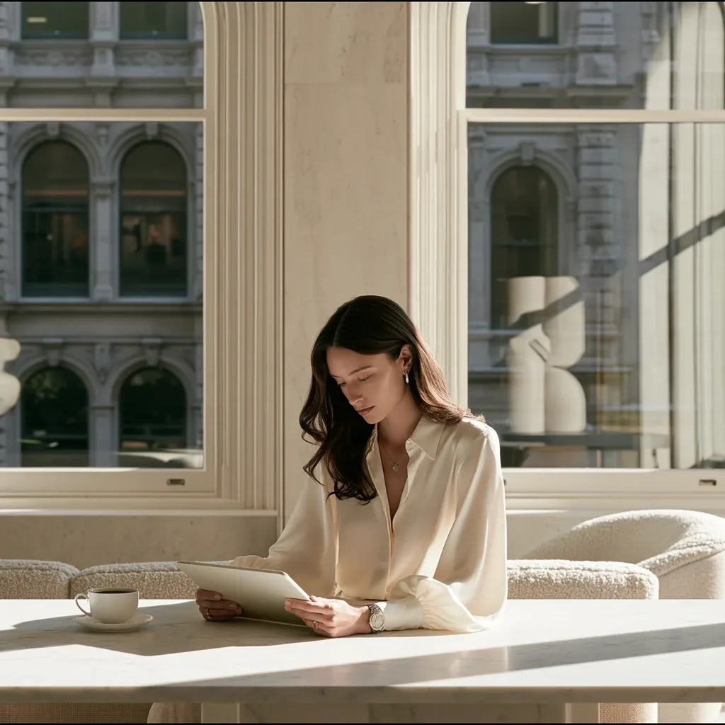 A woman reading a tablet at a white table by a tall window, a cup of coffee beside her